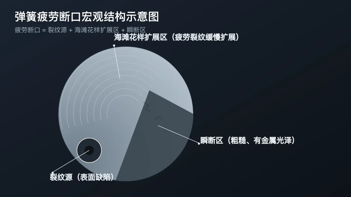 弹簧疲劳断口宏观结构示意图：裂纹源、海滩花样扩展区与瞬断区