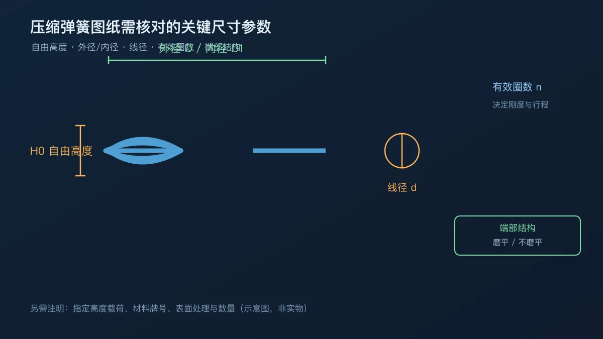 压缩弹簧图纸需核对的关键尺寸参数示意图(非实物)