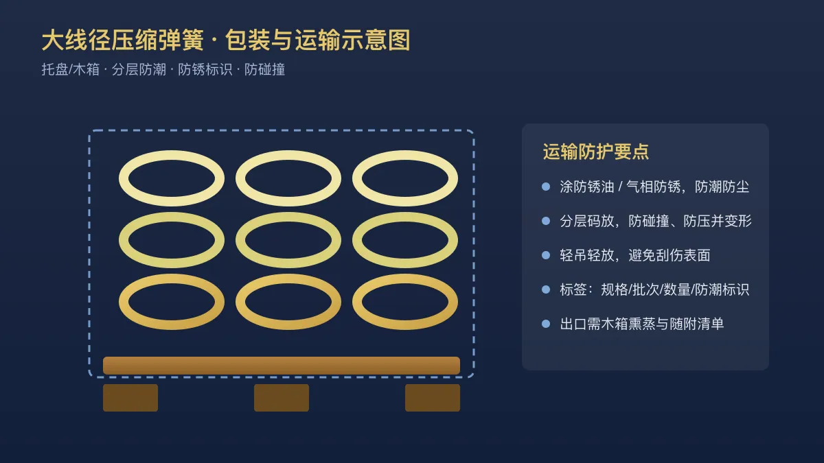 大线径压缩弹簧包装与运输防护要点示意图（非实物）